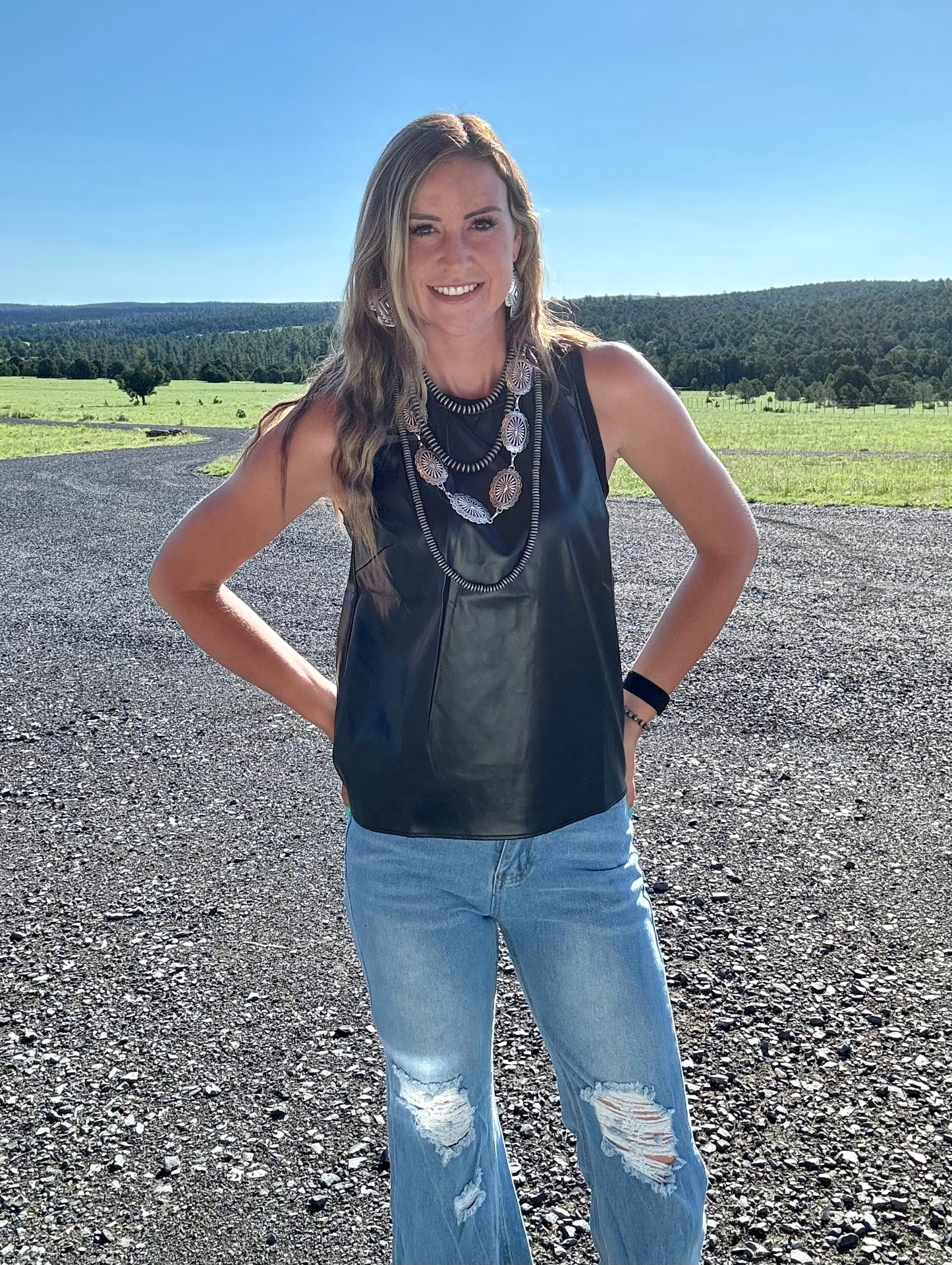 Leather Crew Neck Tank Top