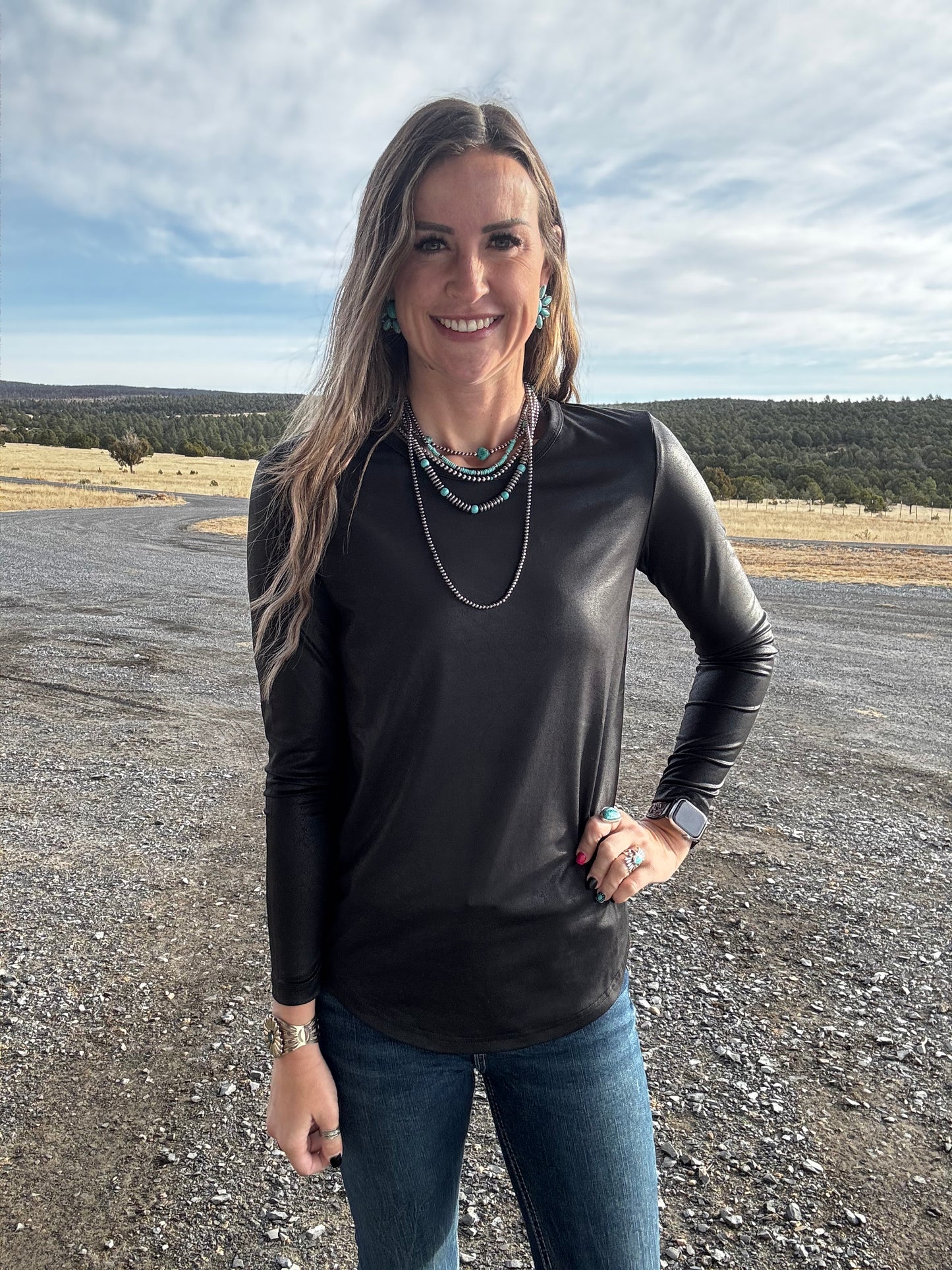 Swanky Leather Long Sleeve Top *Midnight