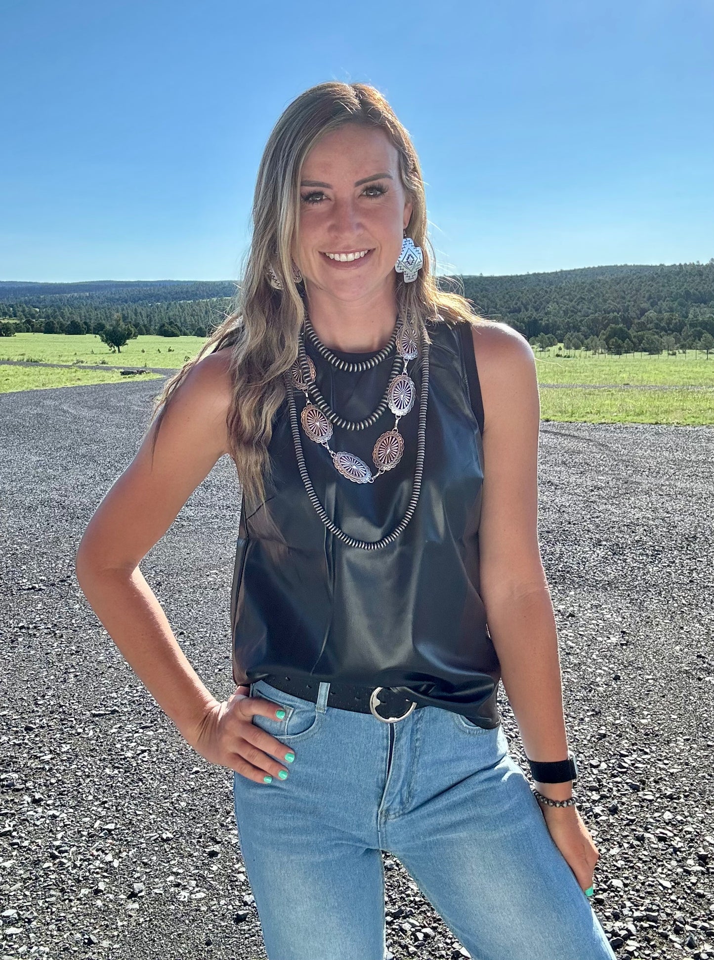 Leather Crew Neck Tank Top