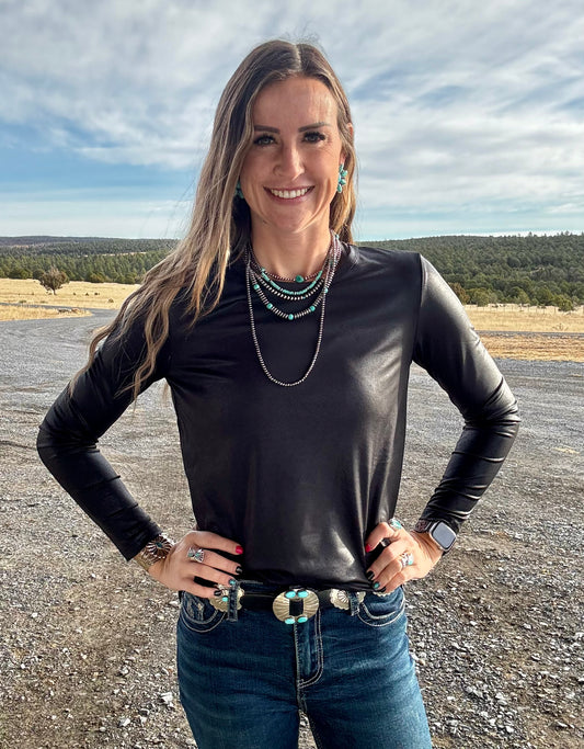 Swanky Leather Long Sleeve Top *Midnight
